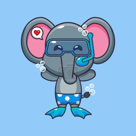 Téléchargez les illustrations : Cute elephant diving cartoon mascot character illustration. Cute summer cartoon illustration. - en licence libre de droit