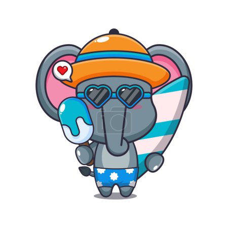 Téléchargez les illustrations : Cute elephant with surfboard holding ice cartoon illustration. Cute summer cartoon illustration. - en licence libre de droit