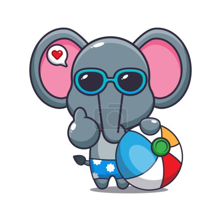 Téléchargez les illustrations : Cute elephant in sunglasses with beach ball cartoon illustration. Cute summer cartoon illustration. - en licence libre de droit