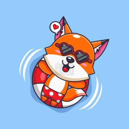 Illustration for Cute fox in sunglasses float with buoy. Cute summer cartoon illustration. - Royalty Free Image