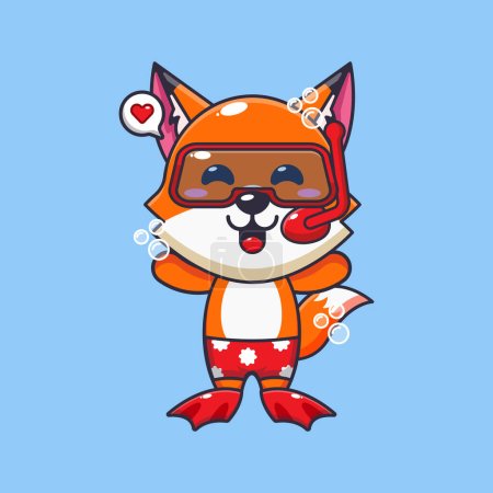 Téléchargez les illustrations : Cute fox diving cartoon mascot character illustration. Cute summer cartoon illustration. - en licence libre de droit