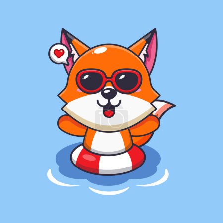 Illustration for Cute fox in sunglasses swimming on beach. Cute summer cartoon illustration. - Royalty Free Image