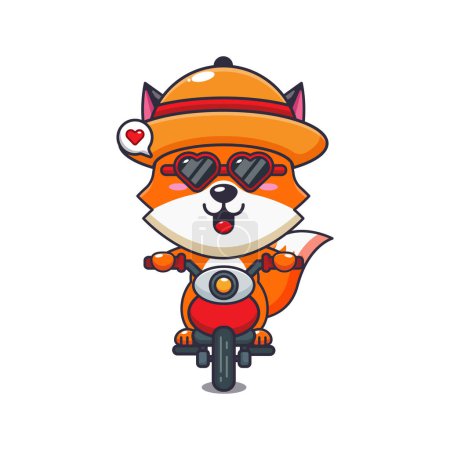 Illustration for Cool fox with sunglasses riding a motorcycle in summer day. Cute summer cartoon illustration. - Royalty Free Image