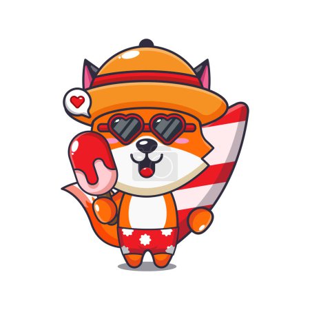Illustration for Cute fox with surfboard holding ice cartoon illustration. Cute summer cartoon illustration. - Royalty Free Image
