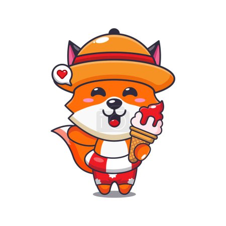 Illustration for Cute fox with ice cream on beach cartoon illustration. Cute summer cartoon illustration. - Royalty Free Image