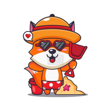 Illustration for Cute fox in sunglasses play sand beach cartoon illustration. Cute summer cartoon illustration. - Royalty Free Image