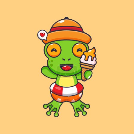 Illustration for Cute frog with ice cream on beach cartoon illustration. Cute summer cartoon illustration. - Royalty Free Image