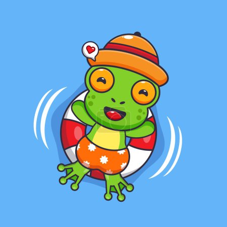 Téléchargez les illustrations : Cute frog in sunglasses float with buoy. Cute summer cartoon illustration. - en licence libre de droit