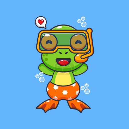 Téléchargez les illustrations : Cute frog diving cartoon mascot character illustration. Cute summer cartoon illustration. - en licence libre de droit