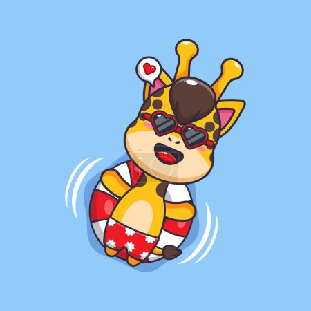 Téléchargez les illustrations : Cute giraffe in sunglasses float with buoy. Cute summer cartoon illustration. - en licence libre de droit