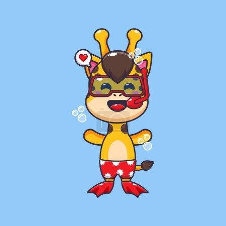 Téléchargez les illustrations : Cute giraffe diving cartoon mascot character illustration. Cute summer cartoon illustration. - en licence libre de droit