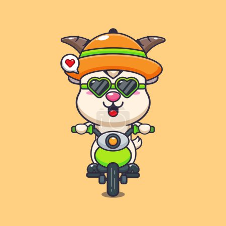 Illustration for Cool goat with sunglasses riding a motorcycle in summer day. Cute summer cartoon illustration. - Royalty Free Image