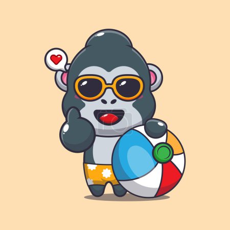 Illustration for Cute gorilla in sunglasses with beach ball cartoon illustration. Cute summer cartoon illustration. - Royalty Free Image