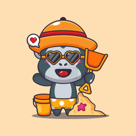 Illustration for Cute gorilla in sunglasses play sand beach cartoon illustration. Cute summer cartoon illustration. - Royalty Free Image