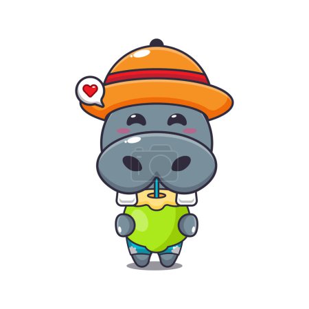 Illustration for Cute hippo drink fresh coconut cartoon illustration. Cute summer cartoon illustration. - Royalty Free Image