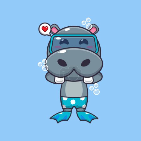 Illustration for Cute hippo diving cartoon mascot character illustration. Cute summer cartoon illustration. - Royalty Free Image