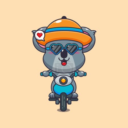 Ilustración de Koala fresco con gafas de sol montando una motocicleta en el día de verano. Linda ilustración de dibujos animados de verano. - Imagen libre de derechos