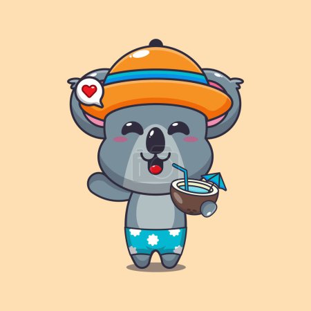 Ilustración de Lindo koala bebida coco ilustración de dibujos animados. Linda ilustración de dibujos animados de verano. - Imagen libre de derechos