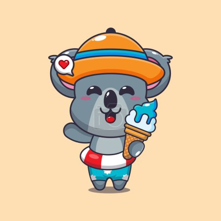 Téléchargez les illustrations : Mignon koala avec crème glacée sur la plage illustration de dessin animé. Illustration de dessin animé mignon été. - en licence libre de droit