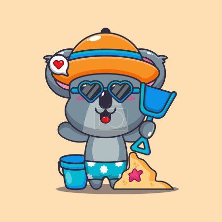 Téléchargez les illustrations : Mignon koala dans les lunettes de soleil jouer plage de sable dessin animé illustration. Illustration de dessin animé mignon été. - en licence libre de droit