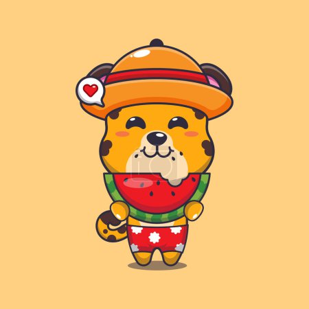 Illustration for Cute leopard eating fresh watermelon cartoon illustration. Cute summer cartoon illustration. - Royalty Free Image
