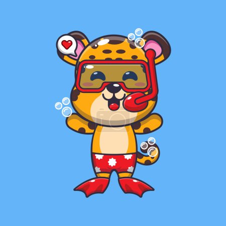 Illustration for Cute leopard diving cartoon mascot character illustration. Cute summer cartoon illustration. - Royalty Free Image