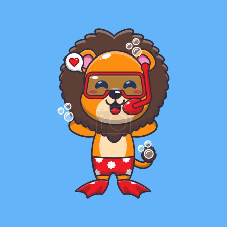 Illustration for Cute lion diving cartoon mascot character illustration. Cute summer cartoon illustration. - Royalty Free Image