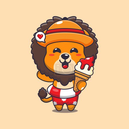 Illustration for Cute lion with ice cream on beach cartoon illustration. Cute summer cartoon illustration. - Royalty Free Image