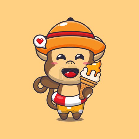 Illustration for Cute monkey with ice cream on beach cartoon illustration. Cute summer cartoon illustration. - Royalty Free Image