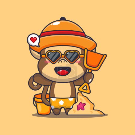 Illustration for Cute monkey in sunglasses play sand beach cartoon illustration. Cute summer cartoon illustration. - Royalty Free Image
