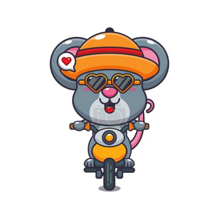 Ilustración de Ratón fresco con gafas de sol montando una motocicleta en el día de verano. Linda ilustración de dibujos animados de verano. - Imagen libre de derechos
