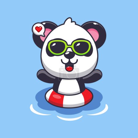 Ilustración de Lindo panda en gafas de sol nadando en la playa. Linda ilustración de dibujos animados de verano. - Imagen libre de derechos