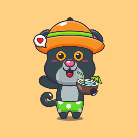 Illustration for Cute panther drink coconut cartoon illustration. Cute summer cartoon illustration. - Royalty Free Image