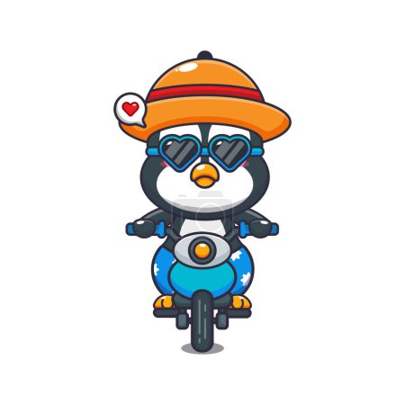Ilustración de Pingüino fresco con gafas de sol montando una motocicleta en el día de verano. Linda ilustración de dibujos animados de verano. - Imagen libre de derechos
