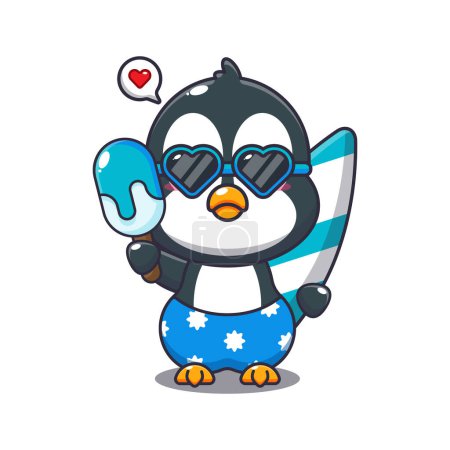 Illustration for Cute penguin with surfboard holding ice cartoon illustration. Cute summer cartoon illustration. - Royalty Free Image