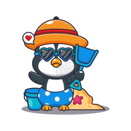 Téléchargez les illustrations : Mignon pingouin dans les lunettes de soleil jouer sable plage dessin animé illustration. Illustration de dessin animé mignon été. - en licence libre de droit