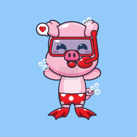 Illustration for Cute pig diving cartoon mascot character illustration. Cute summer cartoon illustration. - Royalty Free Image