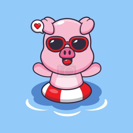 Illustration for Cute pig in sunglasses swimming on beach. Cute summer cartoon illustration. - Royalty Free Image