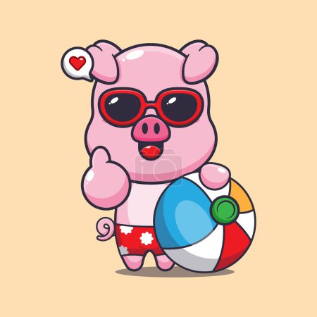 Illustration for Cute pig in sunglasses with beach ball cartoon illustration. Cute summer cartoon illustration. - Royalty Free Image