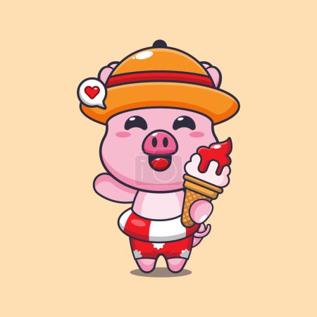 Illustration for Cute pig with ice cream on beach cartoon illustration. Cute summer cartoon illustration. - Royalty Free Image