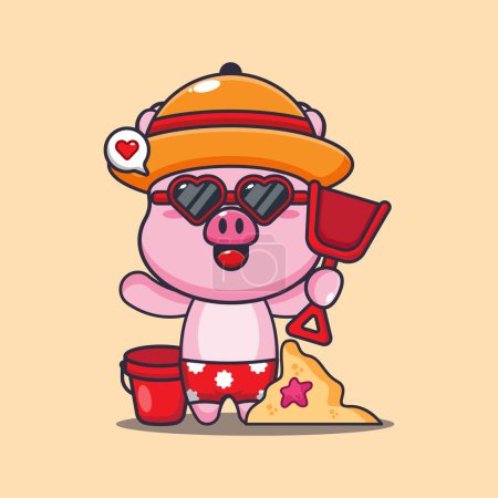 Illustration for Cute pig in sunglasses play sand beach cartoon illustration. Cute summer cartoon illustration. - Royalty Free Image
