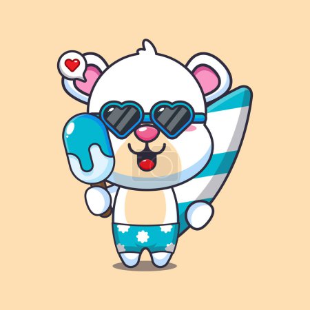 Illustration for Cute polar bear with surfboard holding ice cartoon illustration. Cute summer cartoon illustration. - Royalty Free Image