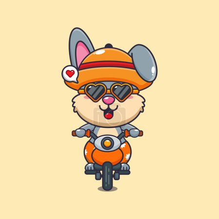 Ilustración de Conejo fresco con gafas de sol montando una motocicleta en el día de verano. Linda ilustración de dibujos animados de verano. - Imagen libre de derechos