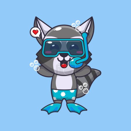 Illustration for Cute raccoon diving cartoon mascot character illustration. Cute summer cartoon illustration. - Royalty Free Image