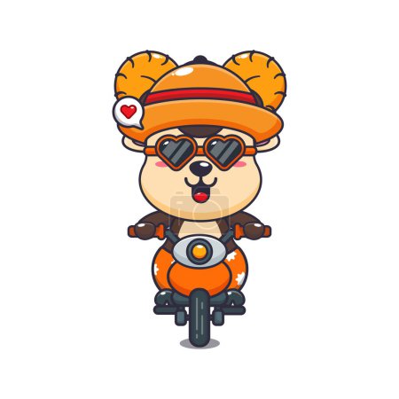 Illustration for Cool ram sheep with sunglasses riding a motorcycle in summer day. Cute summer cartoon illustration. - Royalty Free Image