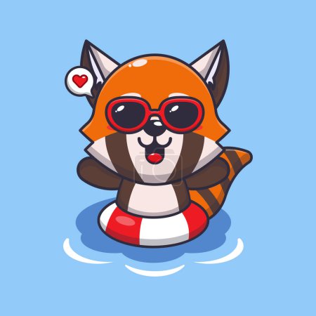 Téléchargez les illustrations : Mignon panda rouge en lunettes de soleil nageant sur la plage. Illustration de dessin animé mignon été. - en licence libre de droit