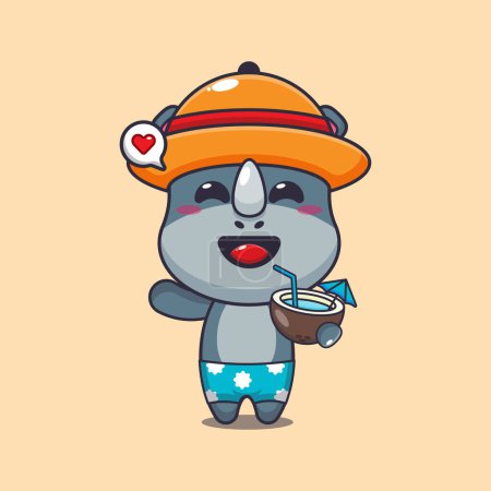 Illustration for Cute rhino drink coconut cartoon illustration. Cute summer cartoon illustration. - Royalty Free Image