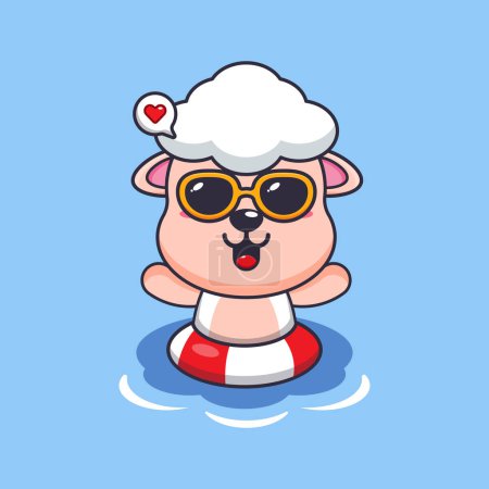 Ilustración de Bonita oveja en gafas de sol nadando en la playa. Linda ilustración de dibujos animados de verano. - Imagen libre de derechos