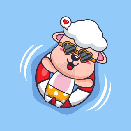 Illustration for Cute sheep in sunglasses float with buoy. Cute summer cartoon illustration. - Royalty Free Image