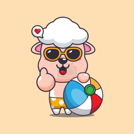 Illustration for Cute sheep in sunglasses with beach ball cartoon illustration. Cute summer cartoon illustration. - Royalty Free Image